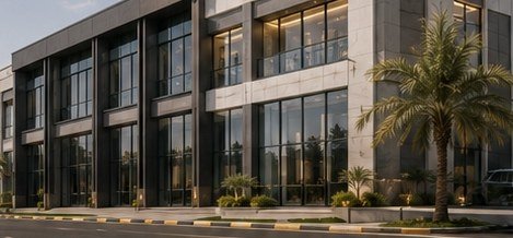 صورة توضيحية لمبنى تجاري بواجهات زجاجية من الملف التعريفي لصروح الشامي