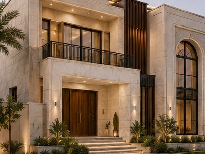 صورة توضيحية لواجهة فيلا مطوّرة من الملف التعريفي لصروح الشامي