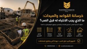 خرسانة القواعد والميدات قبل الصب في مشروع بالرياض