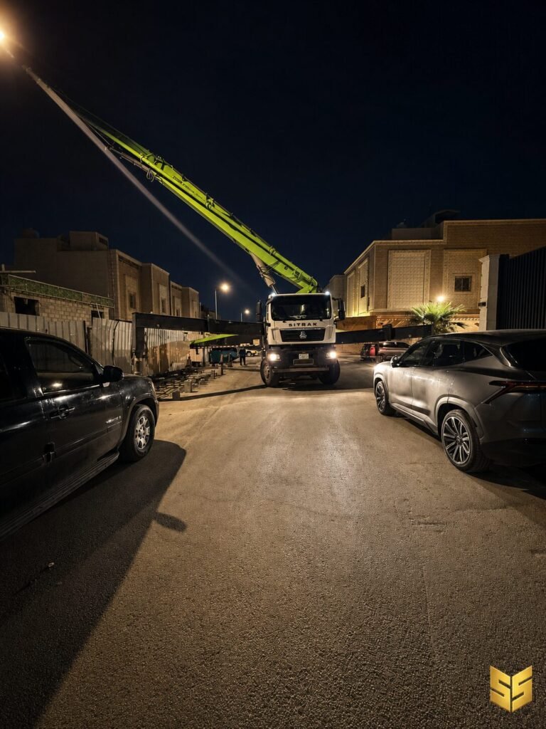 مضخة خرسانة تعمل ليلًا لتنفيذ صبة الدور الأرضي في حي عرقة بالرياض