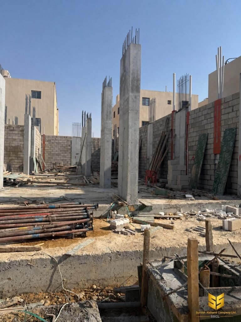 أعمدة خرسانية مسلحة وجدران بلوك داخل مشروع سكني قيد التنفيذ في الرياض