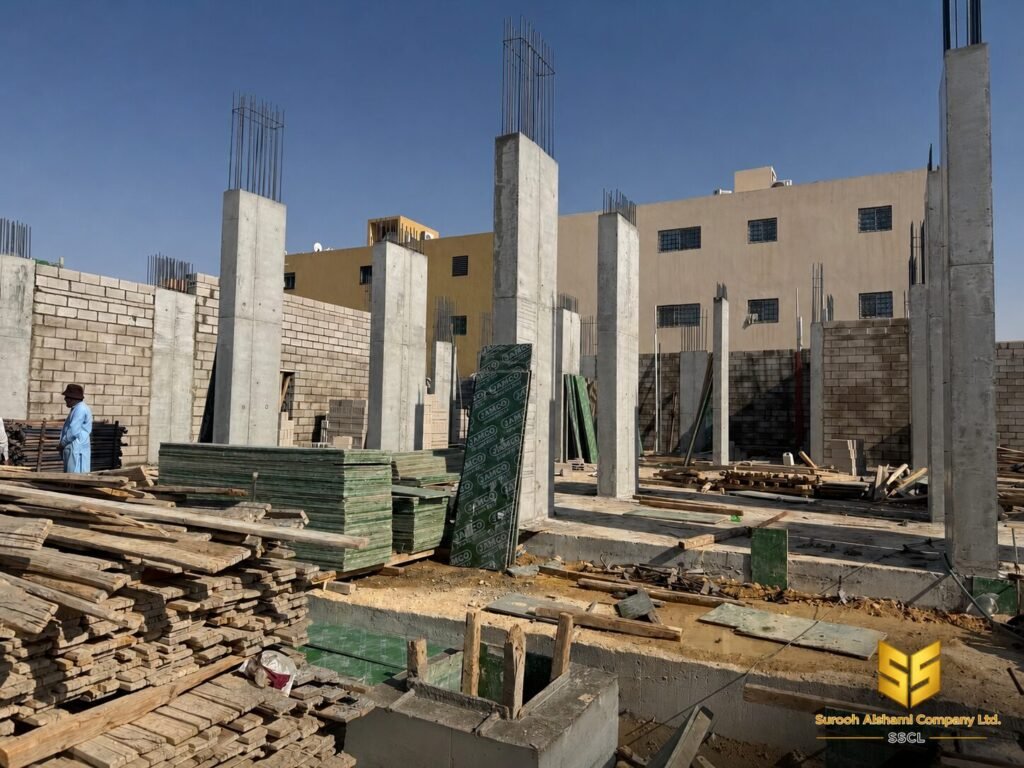 أعمدة خرسانية لمبنى سكني مع مواد الشدات والنجارة داخل موقع في الرياض