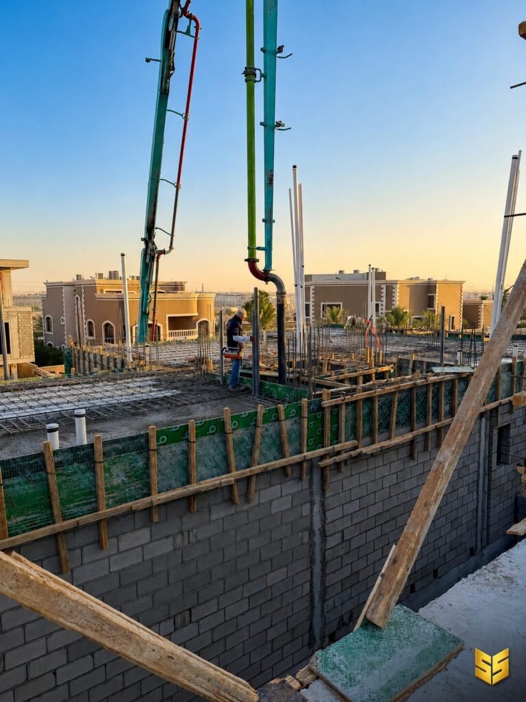 تنفيذ صبة سقف خرسانية في الدرعية باستخدام مضخة الخرسانة ضمن مشاريع صروح الشامي