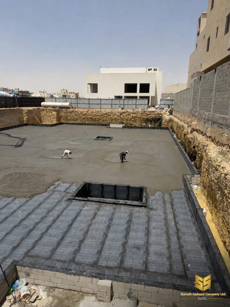 عمال يوزعون الخرسانة فوق طبقات العزل داخل مشروع إنشائي في حي العارض بالرياض