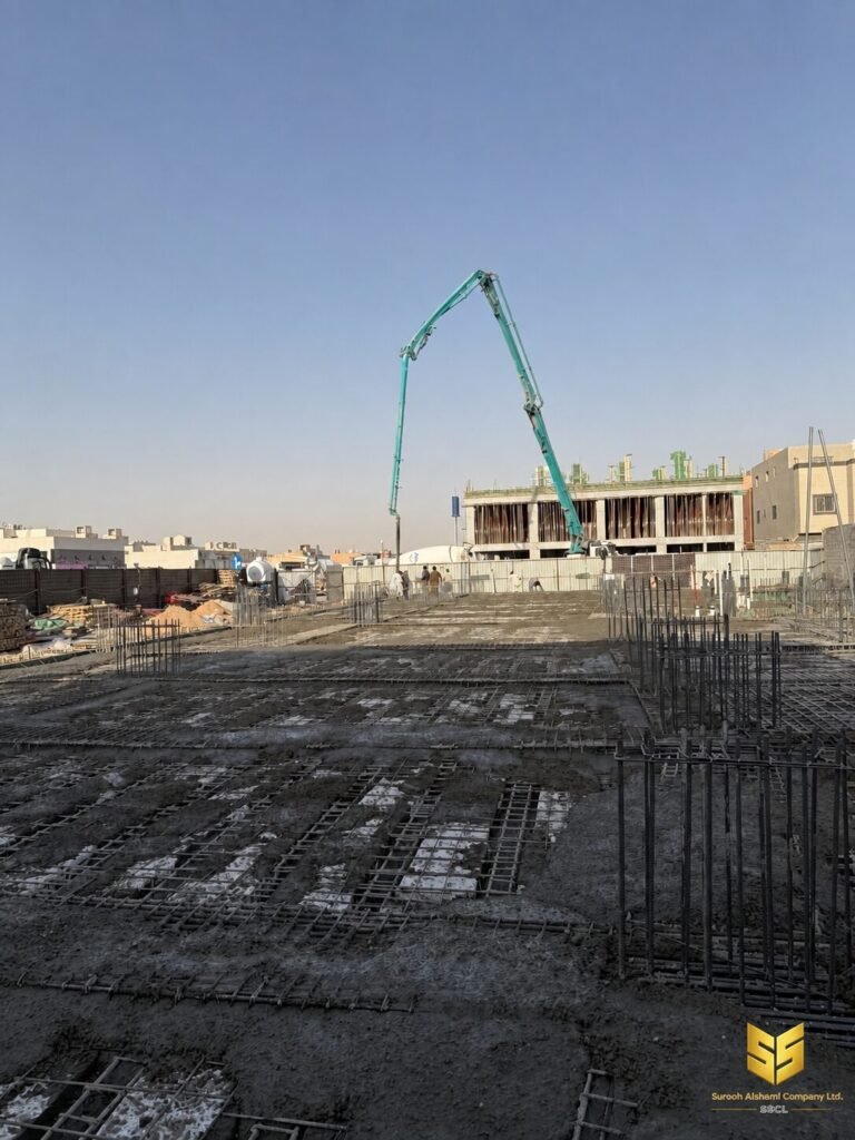 ذراع مضخة الخرسانة ممتد داخل موقع صب سقف مشروع سكني بالرياض