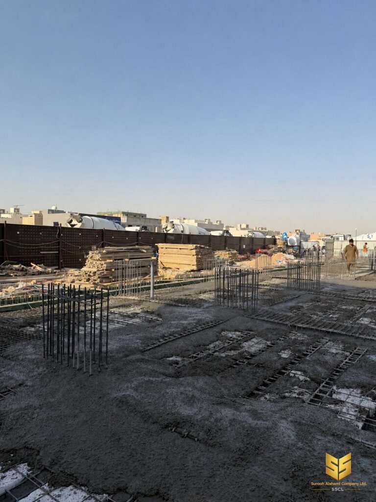 عمال يسوون الخرسانة الجاهزة أثناء تنفيذ صبة سقف في الرياض