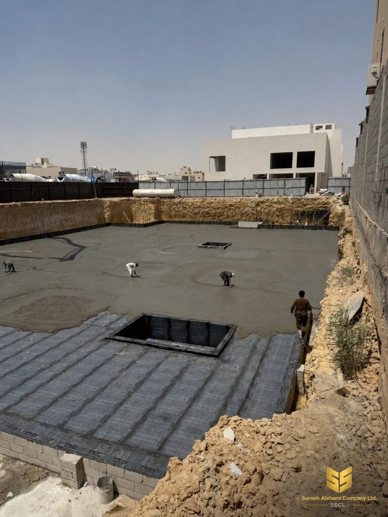 تنفيذ خرسانة النظافة بجوار طبقات العزل وفتحات الأساسات في حي العارض بالرياض