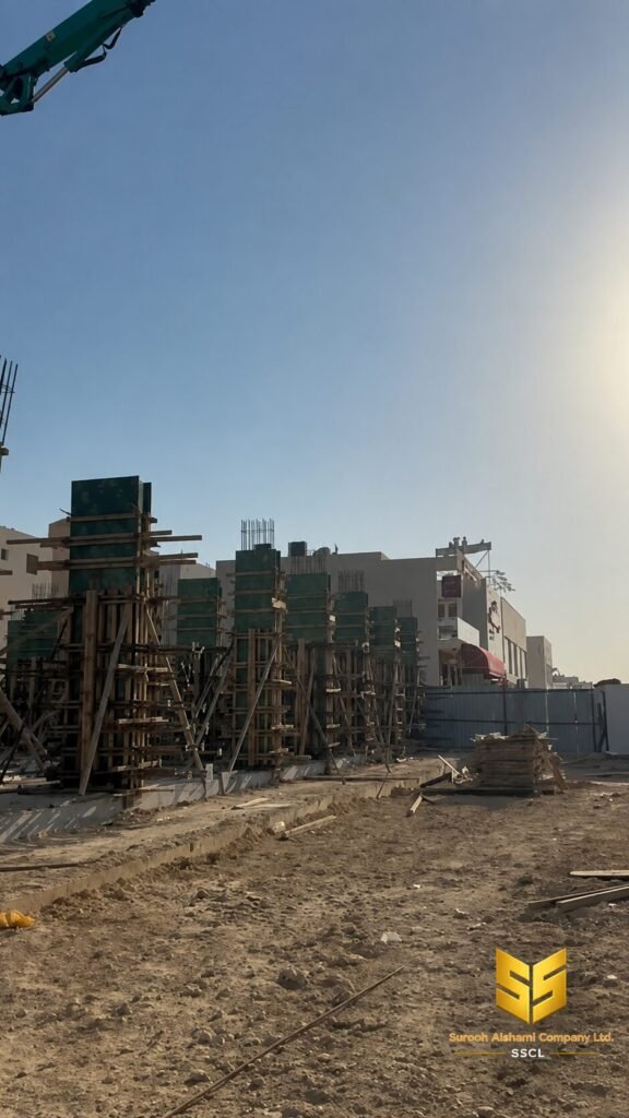 صف من شدات أعمدة الدور الأرضي داخل موقع إنشائي في مدينة الرياض