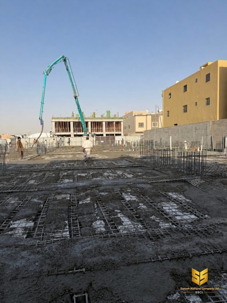 تنفيذ أعمال صب سقف الدور الأرضي بمضخة خرسانة في موقع إنشائي بالرياض