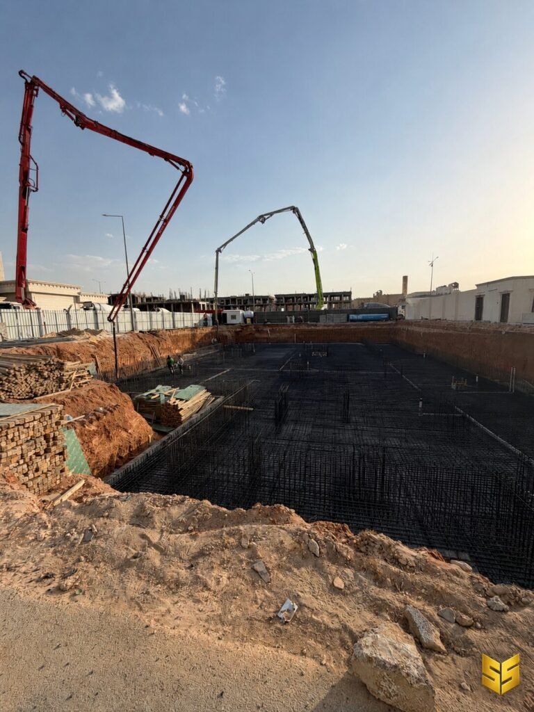 شبكة حديد تسليح كثيفة للّبشة الخرسانية مع مضخات الخرسانة داخل مشروع في الرياض