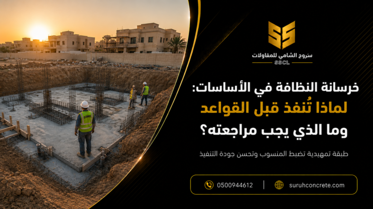 تنفيذ خرسانة نظافة في قواعد مشروع بناء بالرياض