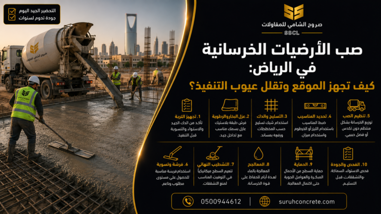تنفيذ صب أرضية خرسانية في موقع بناء بالرياض