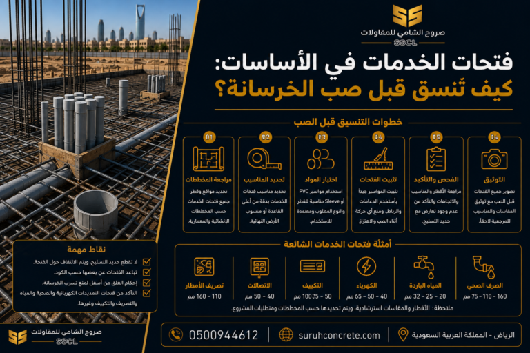 تجهيز فتحات خدمات داخل أساسات مشروع بناء في الرياض قبل صب الخرسانة