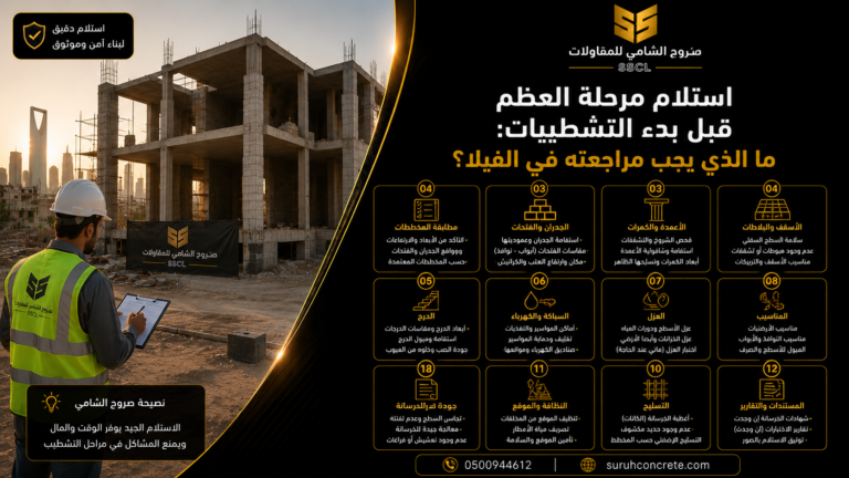 مهندس يراجع مرحلة العظم في فيلا قبل أعمال التشطيبات بالرياض