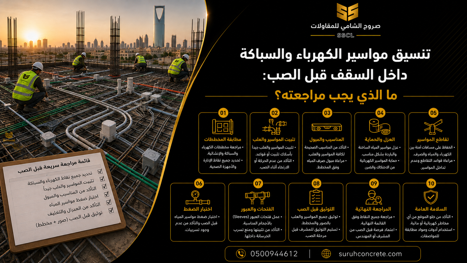 تنسيق مواسير كهرباء وسباكة داخل سقف قبل صب الخرسانة في الرياض
