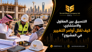 مقاول واستشاري يراجعان مخططات مشروع بناء في الرياض قبل التنفيذ