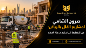 مشروع فيلا في الرياض خلال مرحلة العظم مع أعمال خرسانة ومقاولات من صروح الشامي
