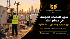 موقع بناء في الرياض مجهز بكهرباء ومياه وإنارة مؤقتة قبل بدء أعمال المقاولات
