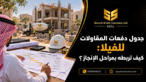 مالك ومقاول يراجعان جدول دفعات مشروع فيلا ومخططات بناء في الرياض